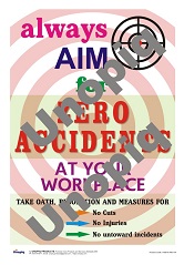 Aim for zero accidents workplace safety poster with target graphic promoting zero injuries and safe work culture