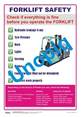 Forklift safety poster showing key checks and safe operating reminders for forklift operators in warehouses and factories