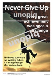 Never Give Up motivational poster showing a climber and message about perseverance and resilience