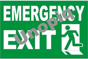 Emergency exit sticker signage with running man symbol for evacuation route marking
