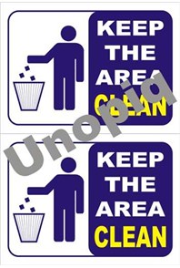Keep area clean sticker signage with waste bin icons for workplace housekeeping