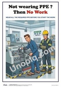 Cartoon industrial safety poster showing a worker not wearing PPE near a machine with the message that PPE is required before work.