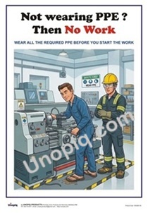 Cartoon industrial safety poster showing a worker not wearing PPE near a machine with the message that PPE is required before work.